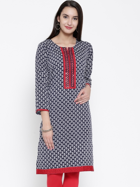 

Jashn Navy & White Crepe Printed Kurta, Navy blue