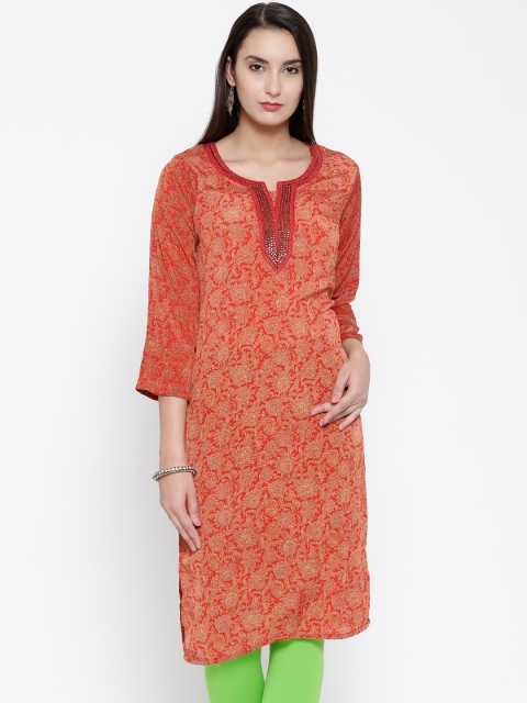 

Jashn Women Red Printed Beaded Neck Straight Kurta