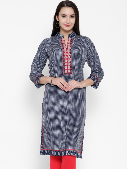 

Jashn Women Navy Blue & White Crepe Printed Kurta