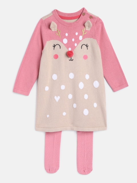 

mothercare Pink & Beige Self Design Applique Pure Cotton Sweater Dress & Stockings