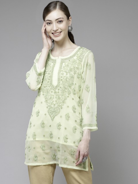 

ADA Women Yellow & Green Ethnic Motifs Chikankari Pure Georgette Sustainable Kurti