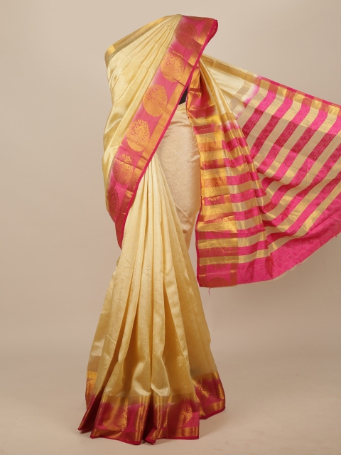 

Pothys Cream-Coloured & Pink Woven Design Zari Jute Silk Saree