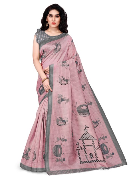 

KALINI Pink & Grey Ethnic Motifs Silk Blend Saree