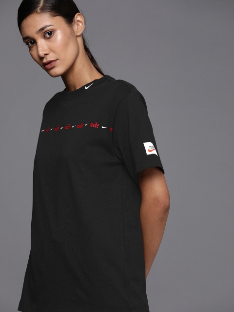 

Nike Women Black Brand Logo Embroidered Pure Cotton T-shirt