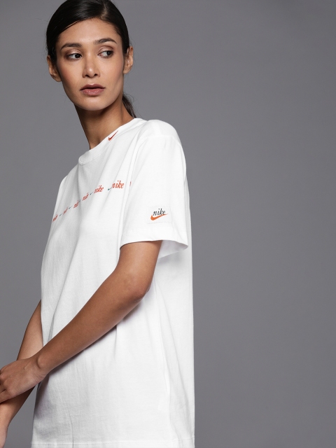 

Nike Women White Brand Logo Embroidered Pure Cotton T-shirt