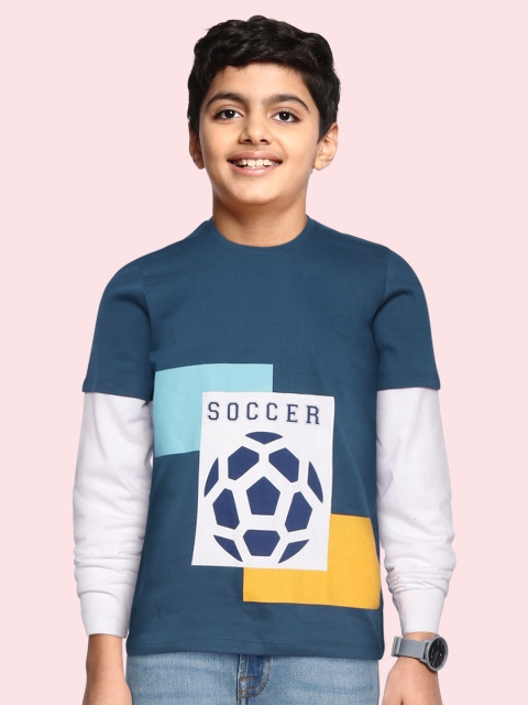 YK Boys Blue & White Cotton Typography Print Doctor Sleeves T-shirt
