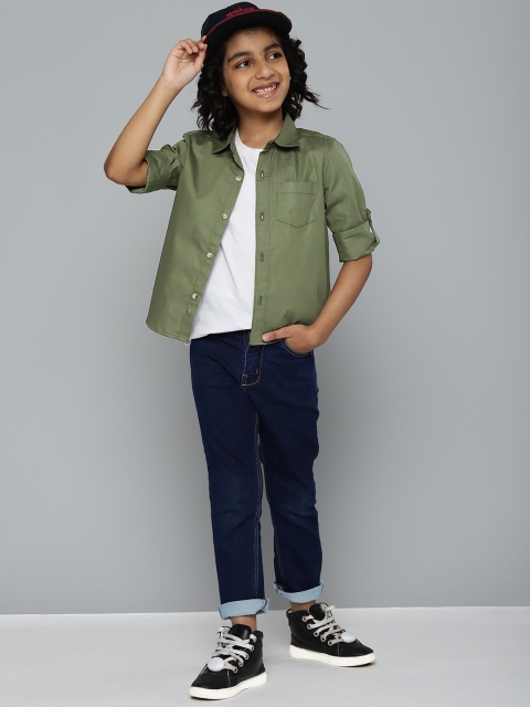 

YK Boys Olive Green Solid Pure Cotton Opaque Casual Shirt
