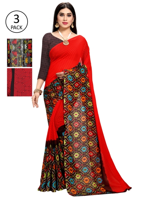 

KALINI Pack Of 3 Printed Sarees, Red