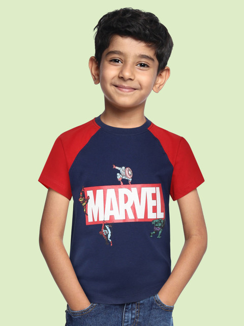 

YK Marvel Boys Navy Blue Red Avengers Brand Logo Print Pure Cotton T-shirt