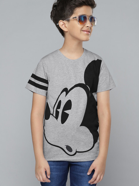 

YK Disney Boys Grey Melange & Black Mickey Mouse Printed T-shirt
