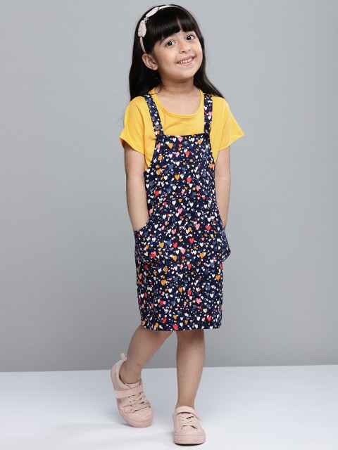 

YK Girls Navy Blue & Pink Conversational Print Pinafore Dress with Solid T-shirt