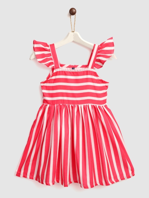 

YK Girls White & Pink Striped Fit & Flare Dress