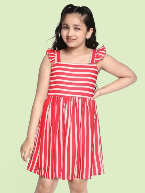 

YK Girls White & Pink Striped Fit & Flare Dress