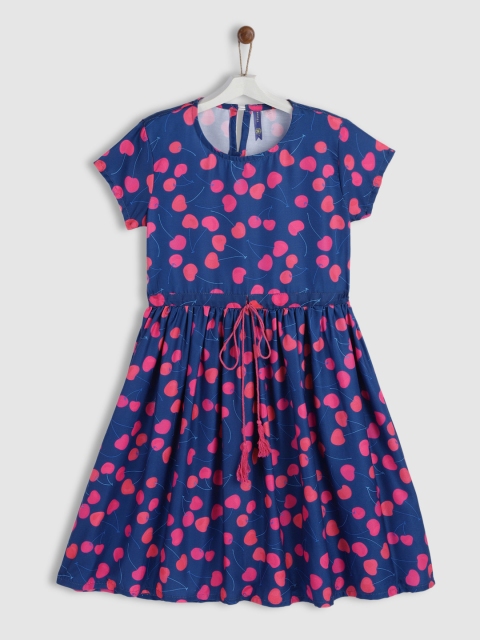 

YK Girls Navy Blue & Pink Printed Fit & Flare Dress