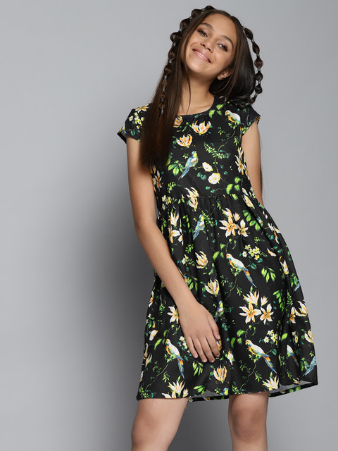 

YK Girls Black Printed Fit & Flare Dress