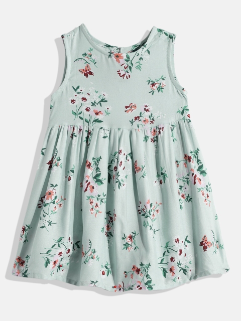 

YK Infant Girls Sea Green & Brown Floral Printed Fit & Flare Dress
