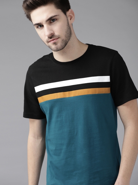 

Roadster Men Teal & Black Colourblocked Cotton T-shirt