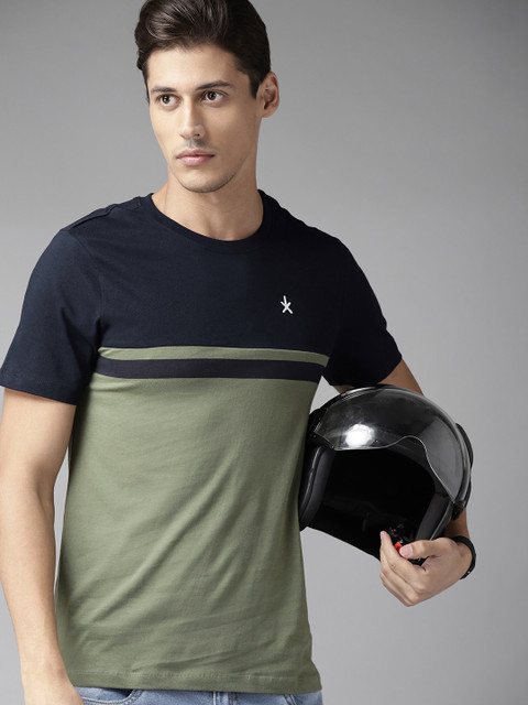 

Roadster Men Green & Navy Blue Colourblocked Cotton T-shirt