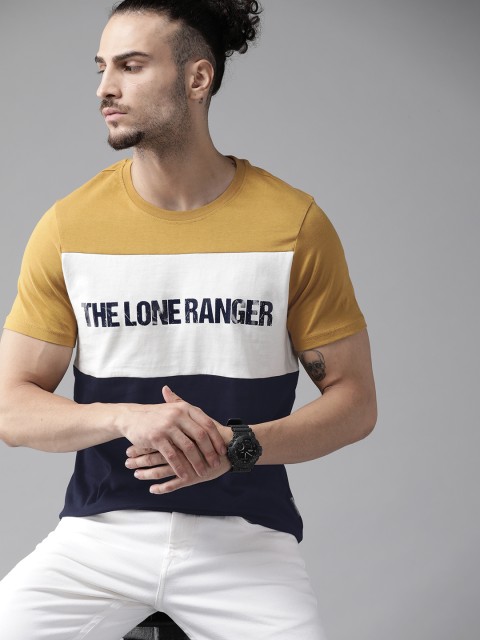 

Roadster Men Yellow Navy Blue Pure Cotton Colourblocked Pure Cotton T-shirt
