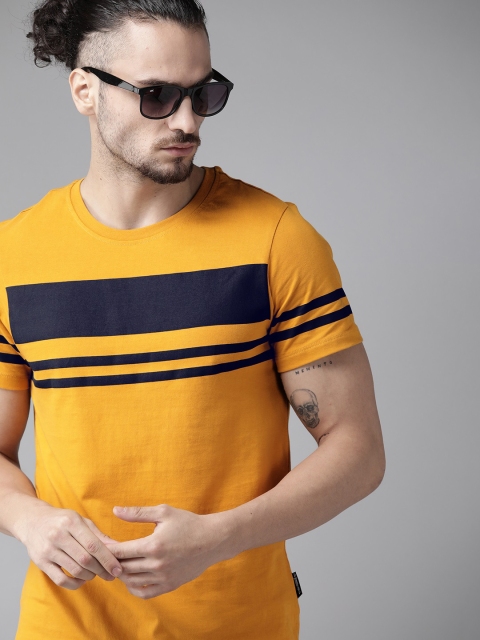 

Roadster Men Mustard Yellow & Navy Blue Striped Pure Cotton T-shirt