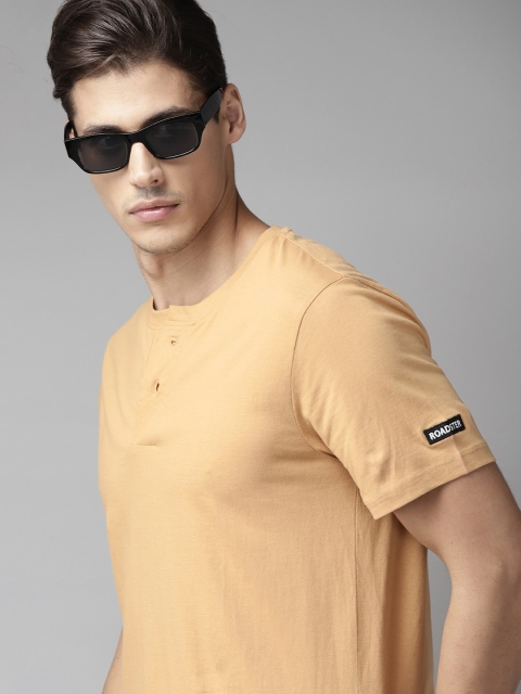 

Roadster Men Beige Henley Neck Cotton T-shirt