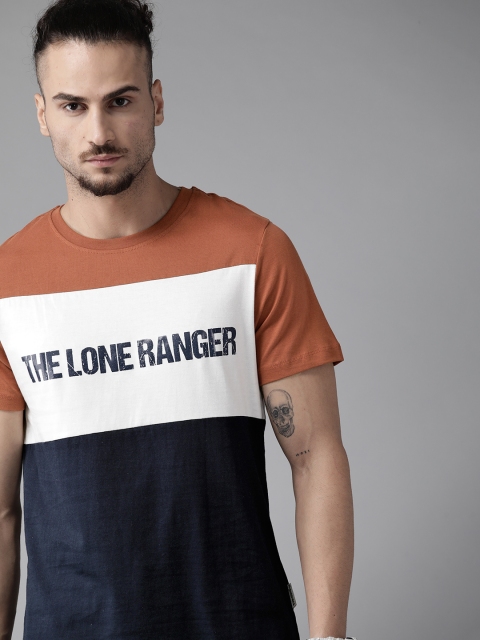 

Roadster Men Rust Orange Navy Blue Pure Cotton Colourblocked Pure Cotton T-shirt