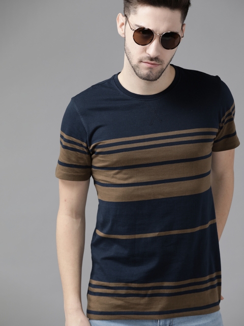 

Roadster Men Navy Blue Olive Green Pure Cotton Striped Pure Cotton T-shirt