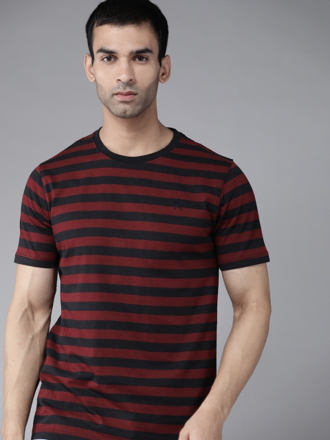 

Roadster Men Maroon & Black Striped Pure Cotton T-shirt