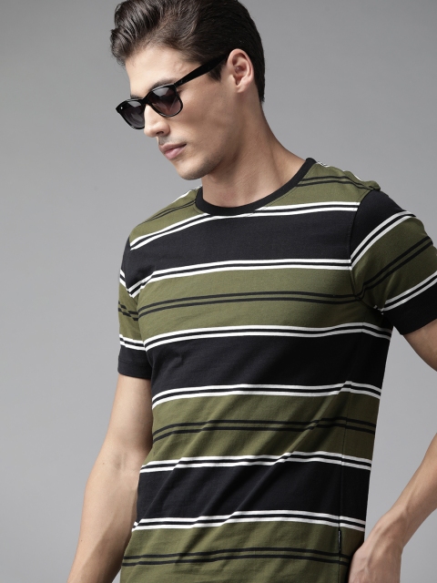 

Roadster Men Green & Navy Blue Pure Cotton Striped T-shirt