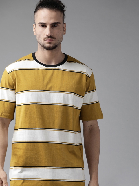 

Roadster Men Khaki & White Striped Cotton T-shirt