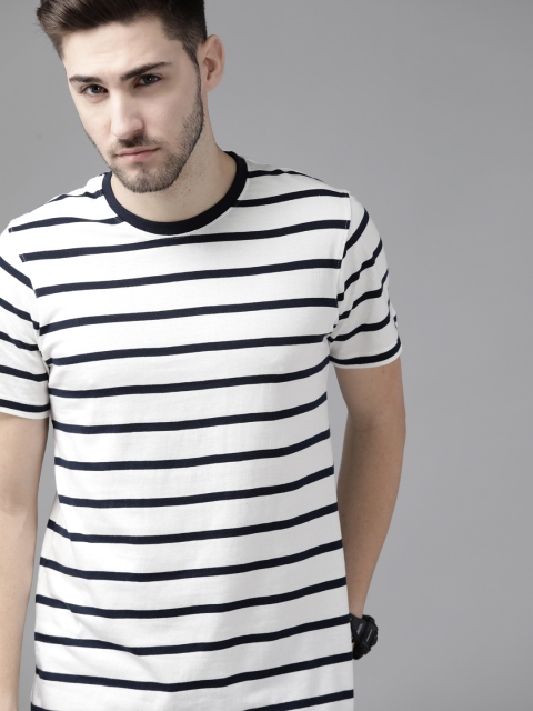 

Roadster Men White & Navy Blue Striped Cotton T-shirt