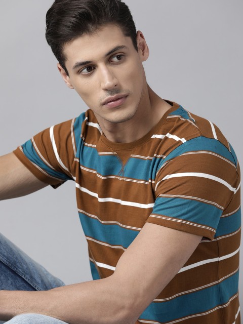 

Roadster Men Brown & Blue Pure Cotton Striped T-shirt