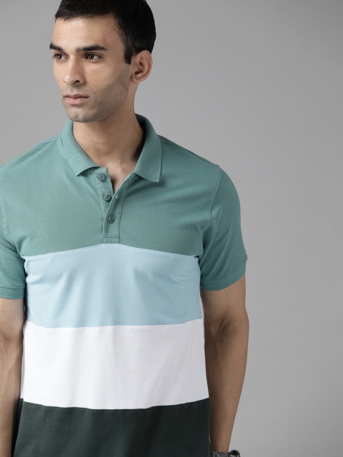 

Roadster Men Green & Blue Colourblocked Cotton Polo Collar T-shirt