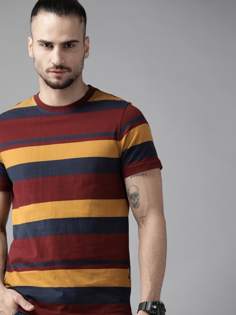 

Roadster Men Maroon & Mustard Yellow Cotton Striped T-shirt