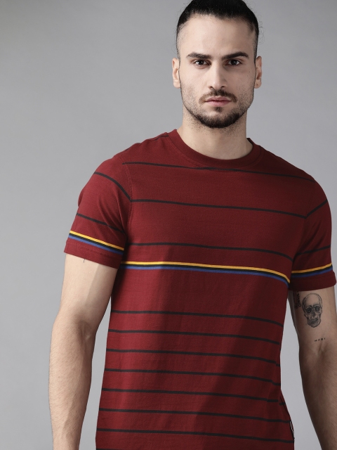 

Roadster Men Maroon & Black Cotton Striped T-shirt