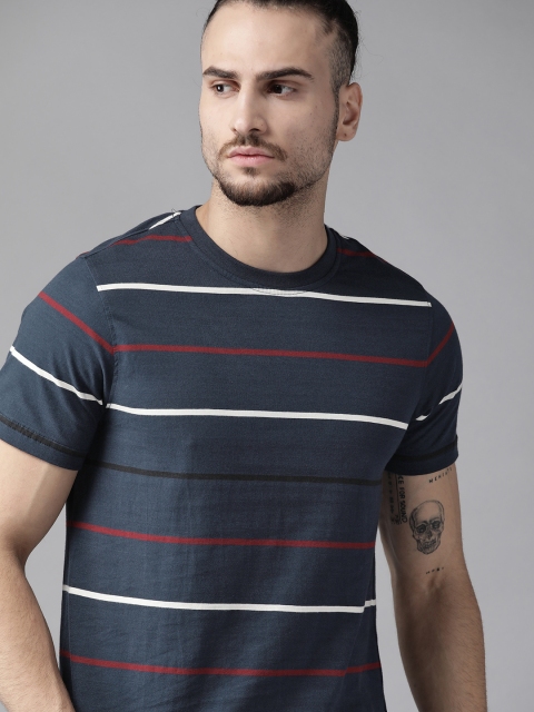 

Roadster Men Navy Blue & White Cotton Striped T-shirt