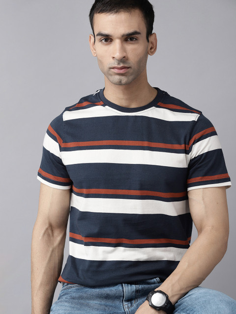 

Roadster Men Navy Blue & White Pure Cotton Striped T-shirt