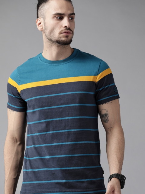 

Roadster Men Navy Blue & Yellow Pure Cotton Striped T-shirt