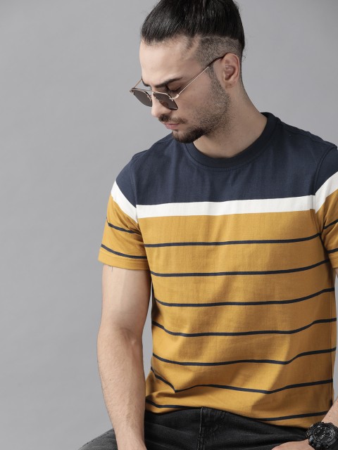 

Roadster Men Mustard Yellow & Navy Blue Cotton Striped T-shirt