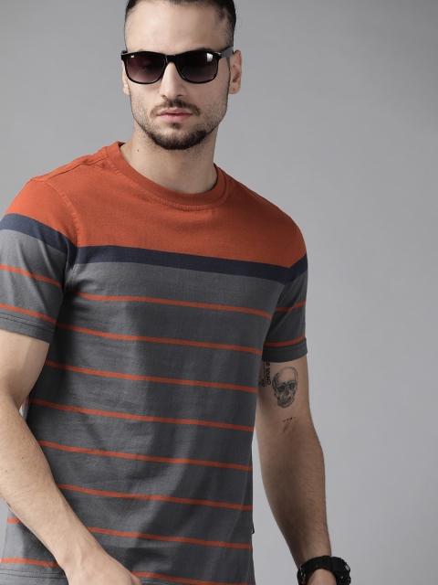 

Roadster Men Charcoal Grey & Brown Cotton Striped T-shirt