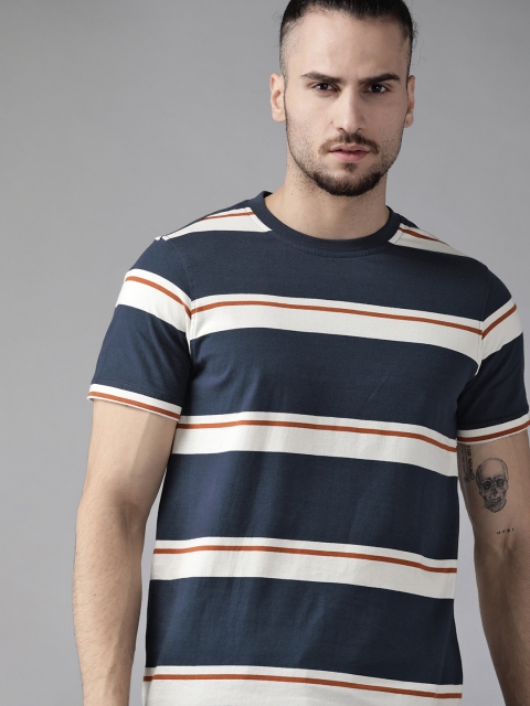 

Roadster Men Navy Blue & Off White Cotton Striped T-shirt