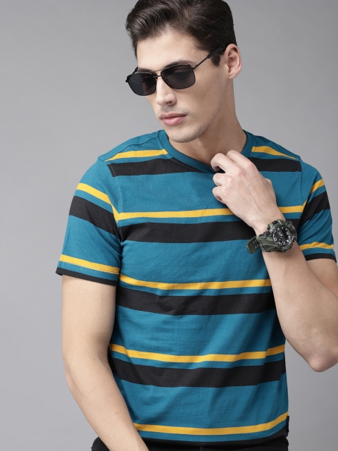 

Roadster Men Teal Blue & Black Pure Cotton Striped T-shirt