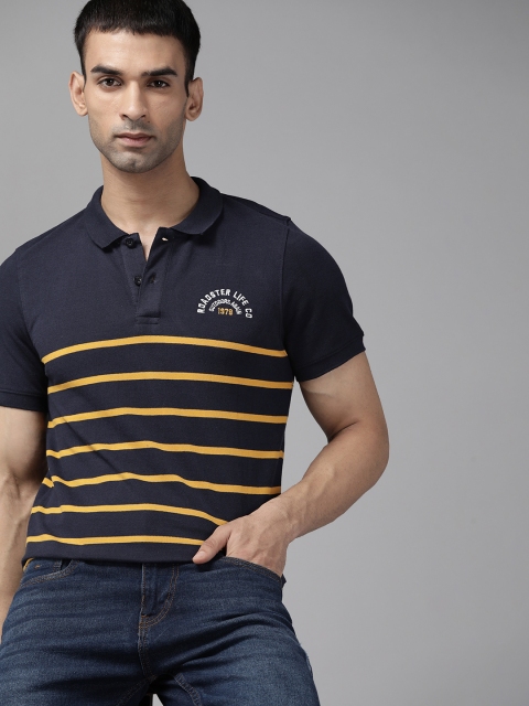 

Roadster Men Navy Blue & Mustard Yellow Pure Cotton Striped Polo Collar T-shirt