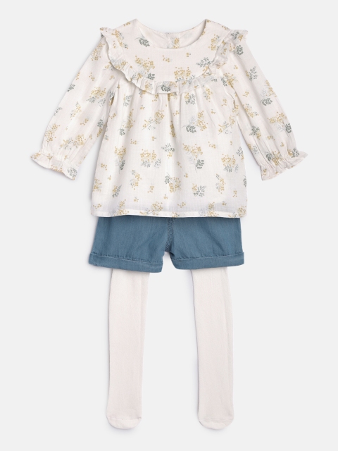 

mothercare Girls Off-White & Blue Floral Printed Clothing set