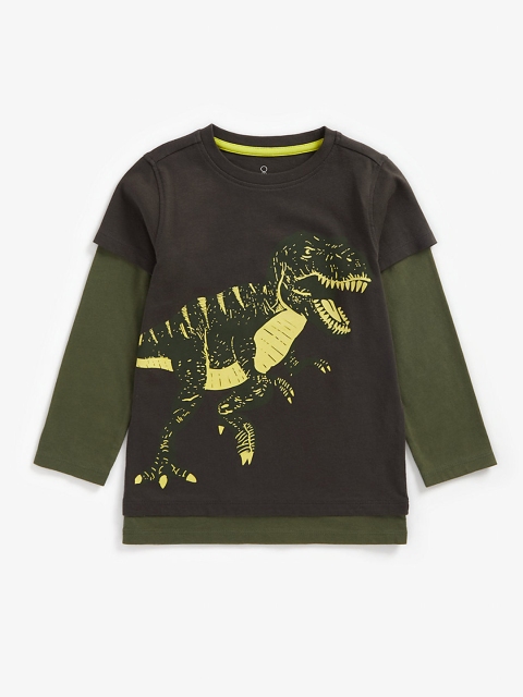 

mothercare Boys Black Olive Green Printed Layered Sleeves Pure Cotton T-shirt