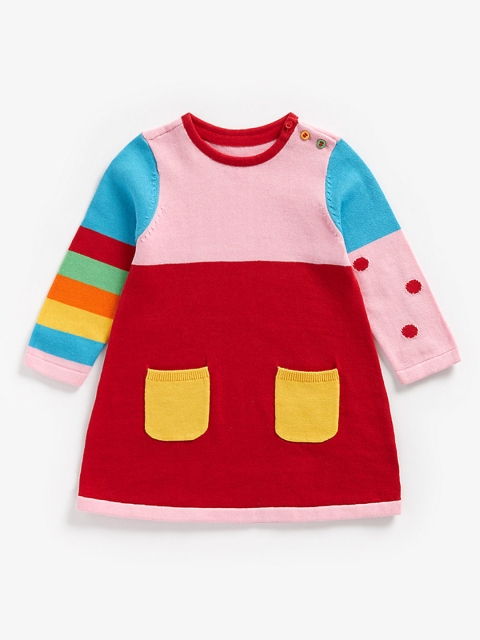 

mothercare Infant Girls Red & Pink Colourblocked Pure Cotton A-Line Dress