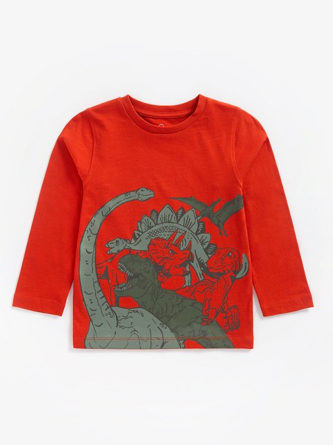 

mothercare Boys Rust Orange Olive Green Pure Cotton Dinosaur Printed Pure Cotton T-shirt