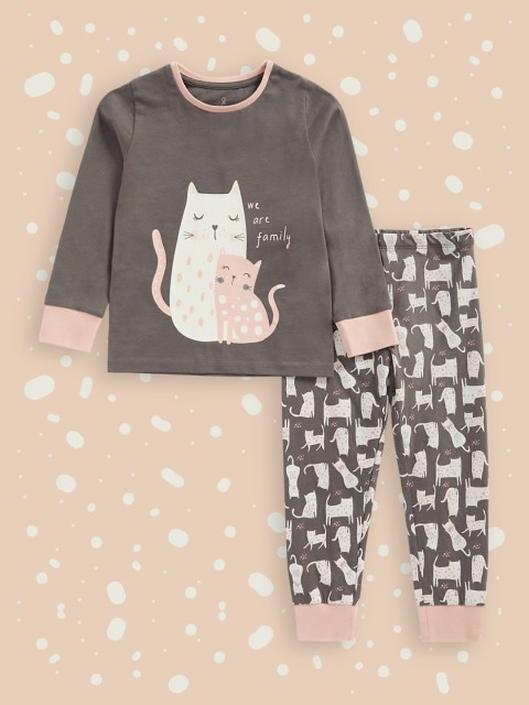 

mothercare Girls Pure Cotton Charcoal & Nude-Coloured Printed Night suit 410258863005