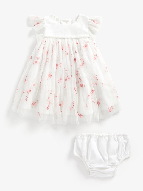 

mothercare White Floral Embroidered Net Empire Dress with Bloomer