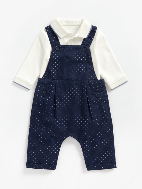 

mothercare Infant Boys Navy Blue & White Polka dot Print Pure Cotton Dungaree With T-Shirt